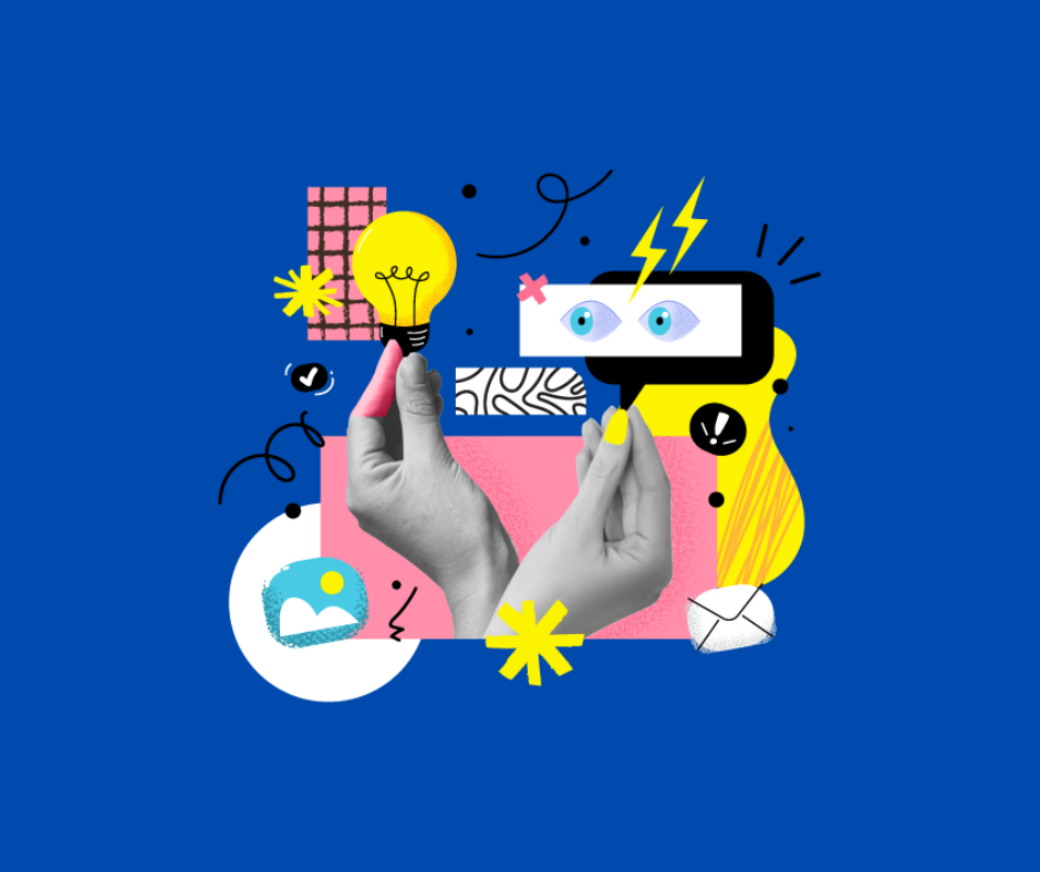 Visual representation of two hands holding a light bulb and a text bubble