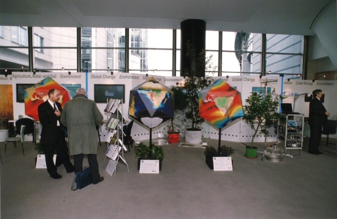 Staff from JRC showing a series of global environmental datasets, derived from satellite remote sensing, to Members of the European Parliament, EP Spinelli Building Brussels