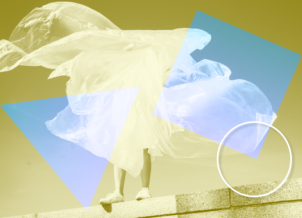 A person being enveloped by a plastic bag.