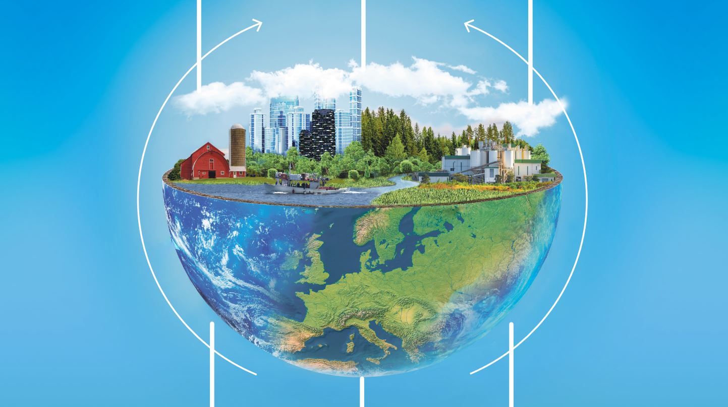 Image of a globe, with the top half removed to show buildings, houses, and trees, and the bottom half of Earth