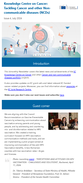 Partial picture of the edition 4 of the newsletter Knowledge Centre on Cancer: Tackling Cancer and other Non-communicable diseases (NCDs) showing the introduction and the Guest corner articles