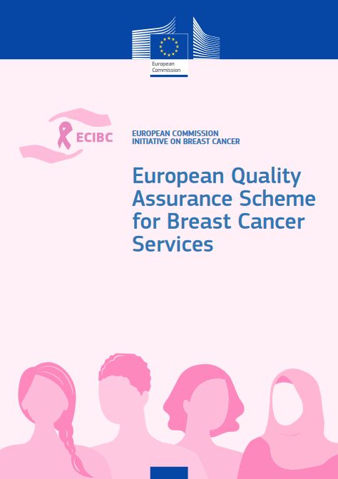 Image of a cover with the ECIBC logo of two hands holding a pink breast cancer ribbon and four women from different cultures
