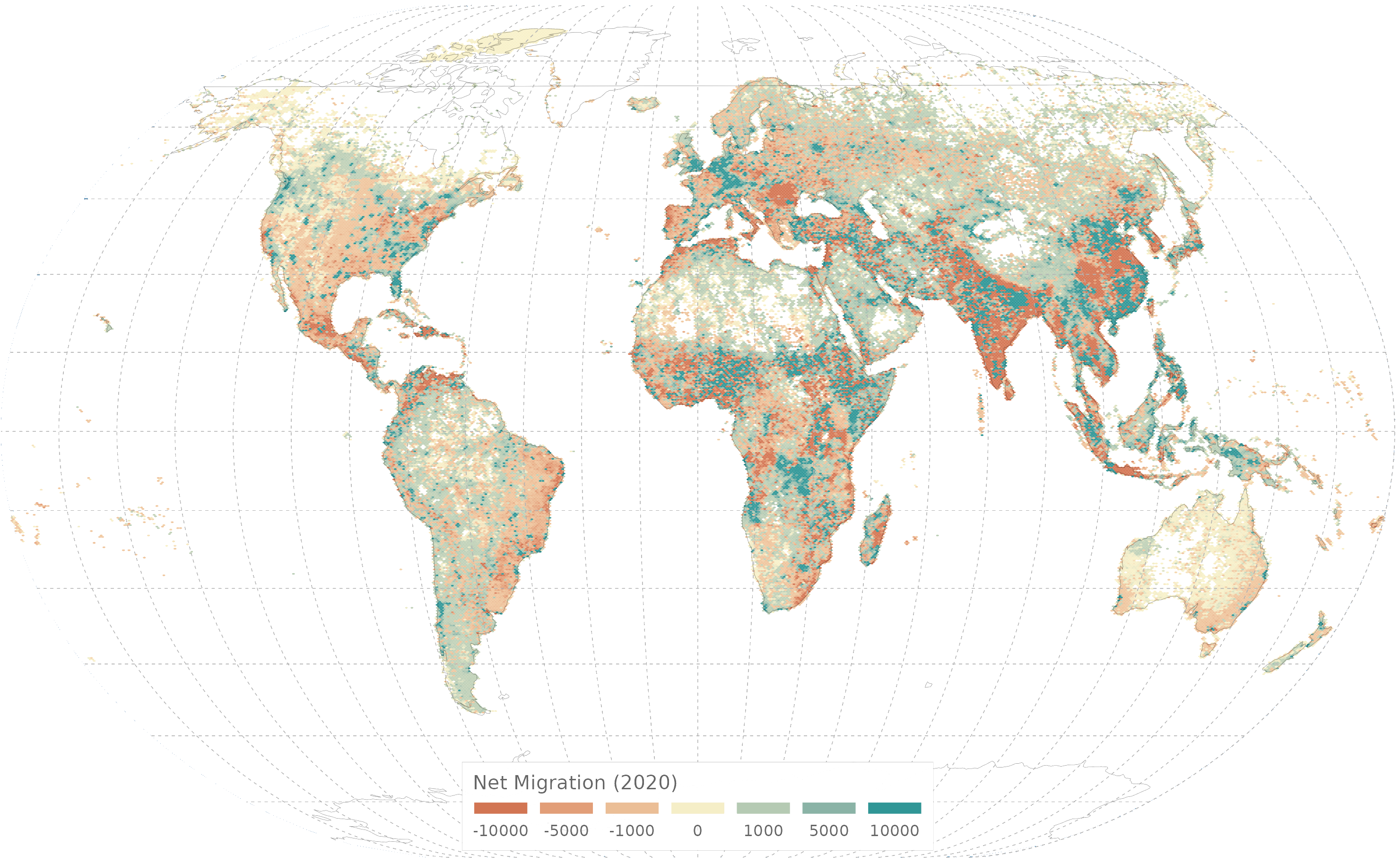 Global estimates of net migration at high spatial resolution 1975-2020