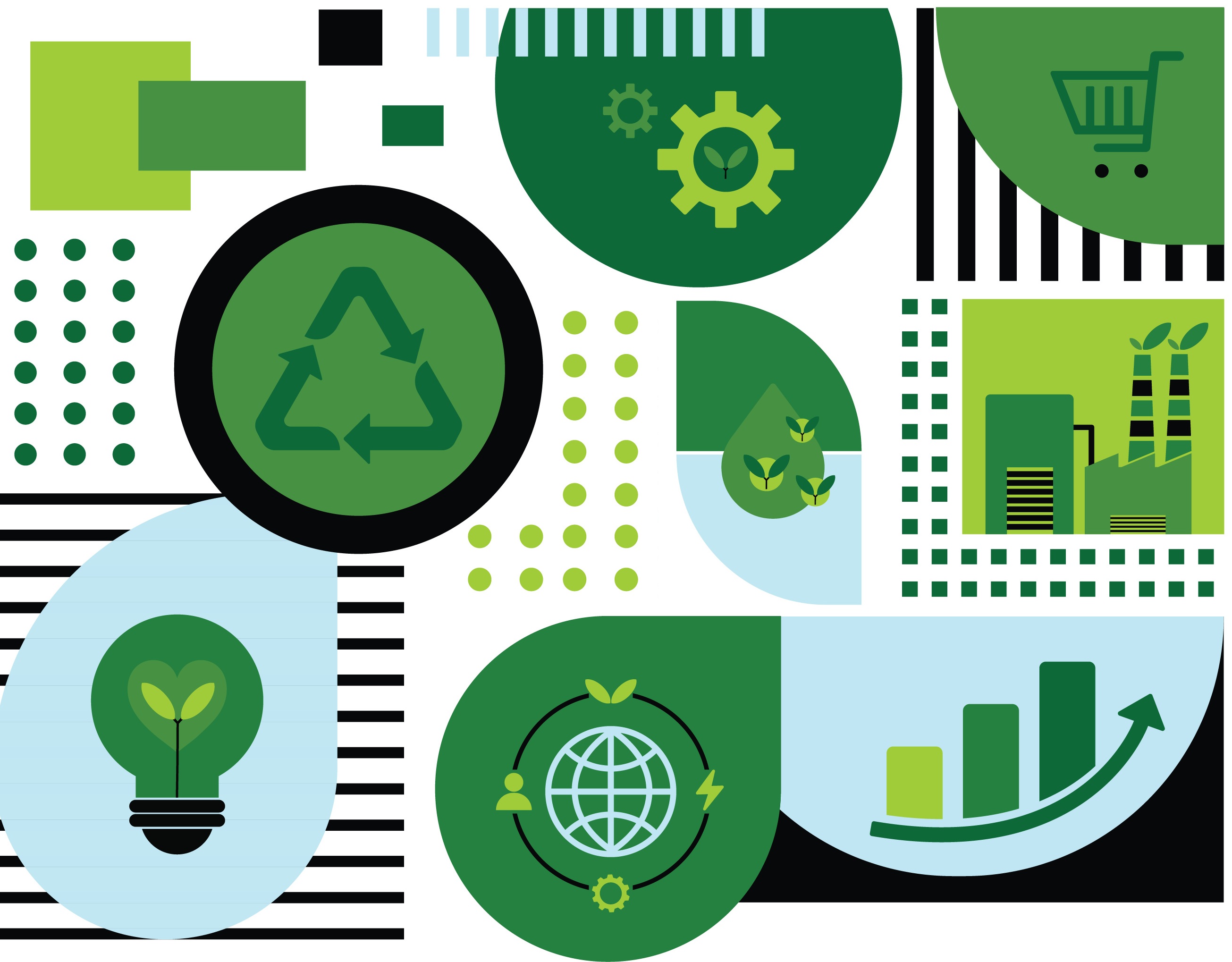 Green and white image with various icons representing bioeconomy