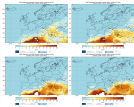 Daily maximum dust concentration at the surface from the CAMS regional ensemble forecast initialized on 11 June at 00 UTC and valid for (l-r) 11-14 June.