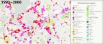 Expansion of Madrid, 1990-2018. Maps showcase the change layers of the CORINE Land Cover’s long time series. Coloured areas represent regions where significant change was detected between production cycles (6-year periods)