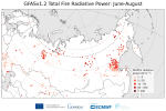 GFASv1.2 wildfire locations and total fire radiative for June-August 2022 over Eurasia.