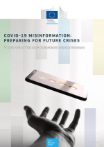 Covid-19 misinformation: Preparing for future crises. Background is a hand throwing a smartphone in the air. There are four faces with face-masks shown on the screen of the phone.