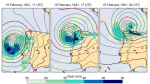 Three hourly snapshots of the Iberian Storm of 1941, showing ERA5 mean sea level pressure (contours, in hPa) and hourly maximum 10 metre gusts (colours, in m/s). The locations of assimilated pressure and marine-wind observations from which these ERA5 reanalysis fields were constructed are shown as dark-red circles.