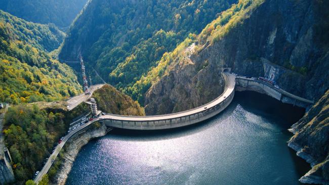 Aerial drone view of Vidraru dam in Romania