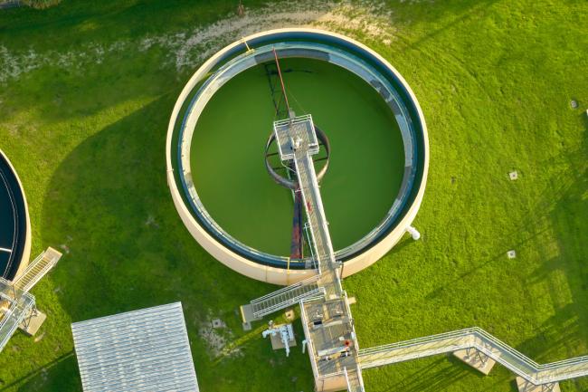 Aerial view of modern water cleaning facility at urban wastewater treatment plant Aerial view of modern water cleaning facility at urban wastewater treatment plant