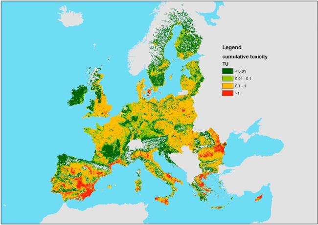 Map of the cumulative water toxicity due to the pesticides