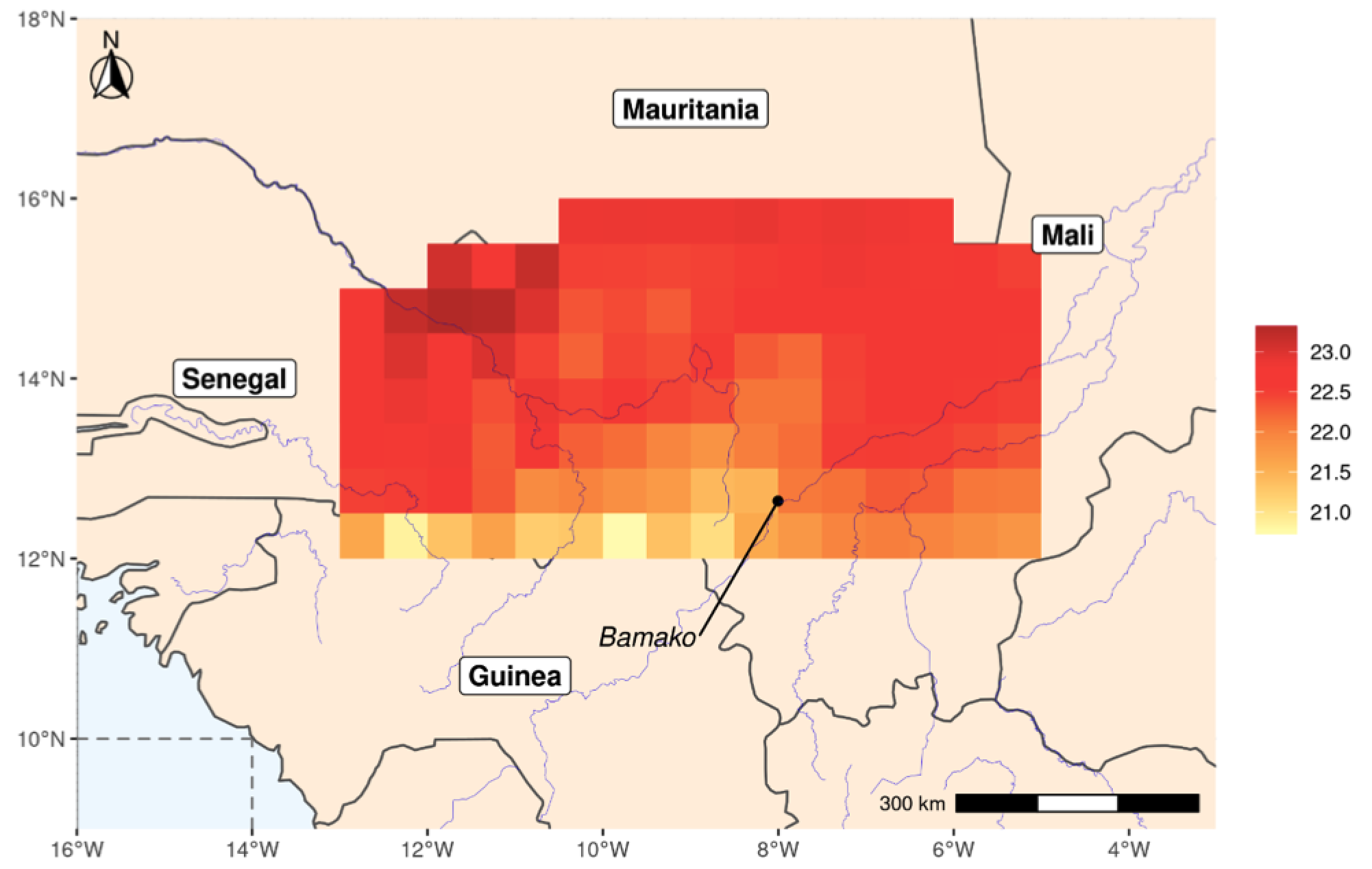 Average minimum temperature estimated at grid-cell level for 1980-5