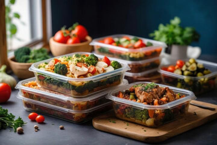 Photo of glass containers stacked onto each other, each filled with the same kind of food or meal, indicating meal preparation. There are various vegetables in the background.