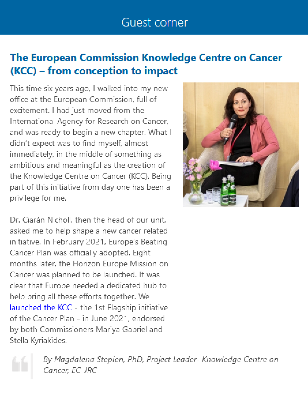 Knowledge Centre for Cancer newsletter Guest corner article with photo of the author Magdalena Stepien sitting on a chair in a meeting