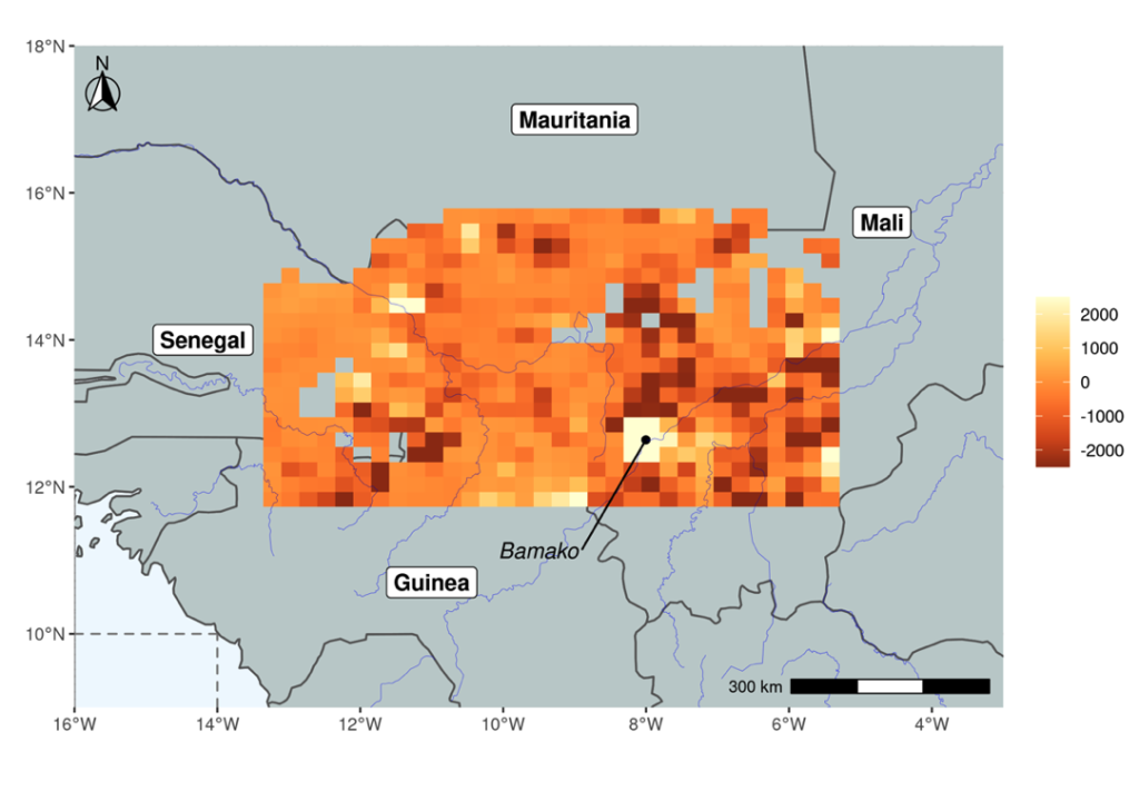 map of net migration in the selected territory in Western Africa