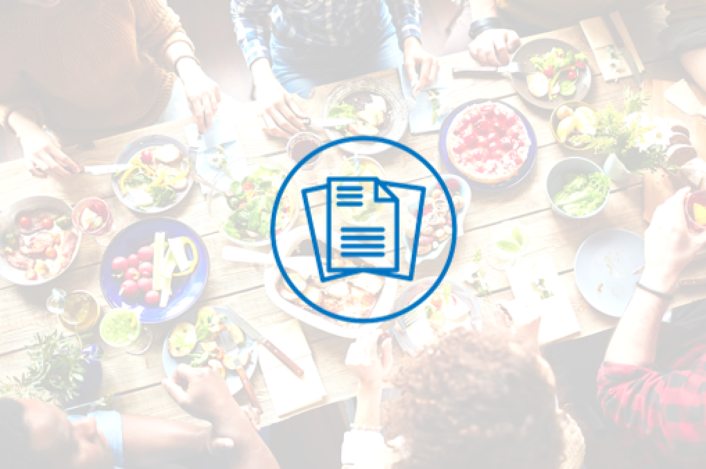 Blue icon of files imposed over a semi-transparent white filter, behind the filter is an image of a wooden picnic table with food on it and people sitting around it