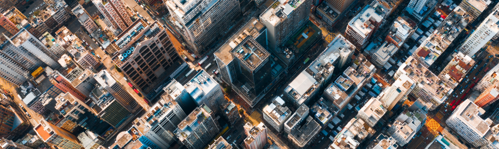 Helicopter view of buildings and densely populated city