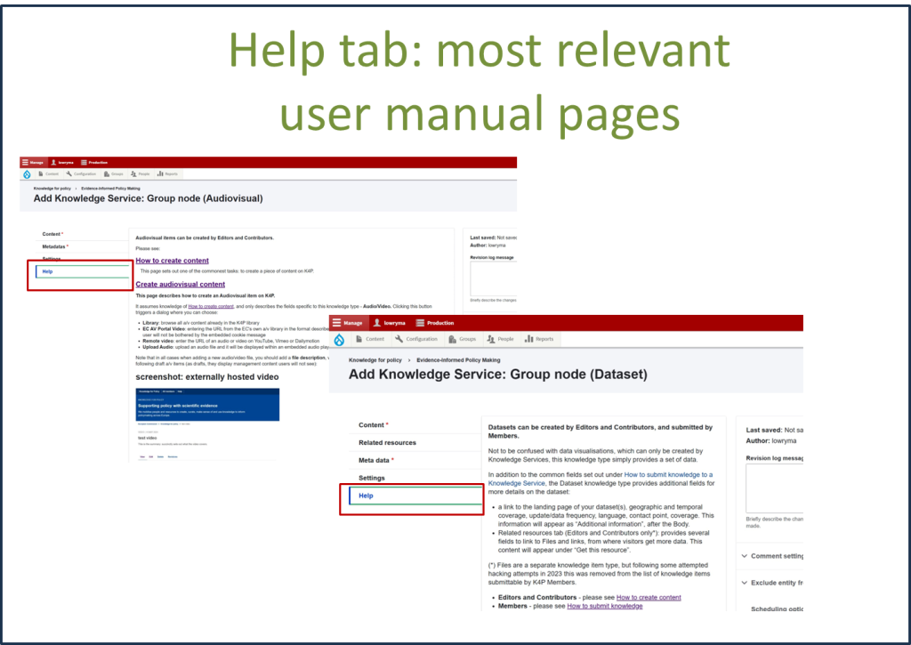 Help tab, K4P create content forms Screenshots showing the help tab of 2 different create content forms